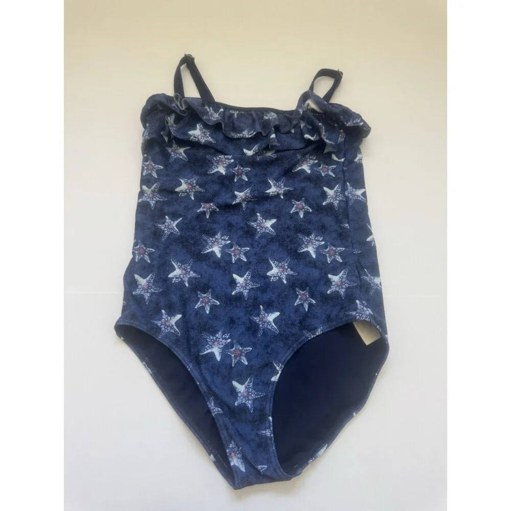 Abercrombie Kids Girls One Piece Swimsuit Size 13 14 Navy Blue Starfish Ruffle